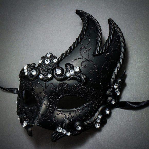 Venetian Masquerade Mask Glitter Silver Rhinestones-Black - Picture 3 of 4